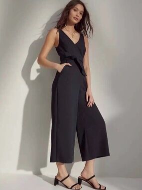 Aritzia Wilfred Black Sleeveless V-Neck Tie-Waist Wide-Leg Jumpsuit